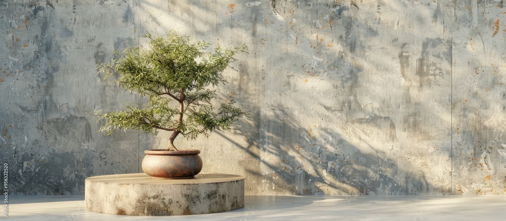 Aufkleber vintage style setup featuring a bonsai tree in a clay pot on a concrete podium with abstract wooden 