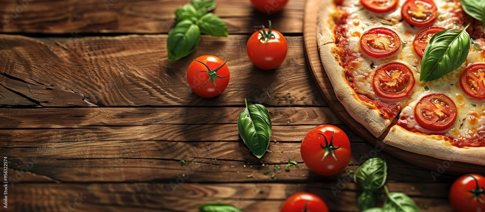 Poster classic pizza margherita topped with slices of juicy tomatoes gooey melted cheese and fresh basil le