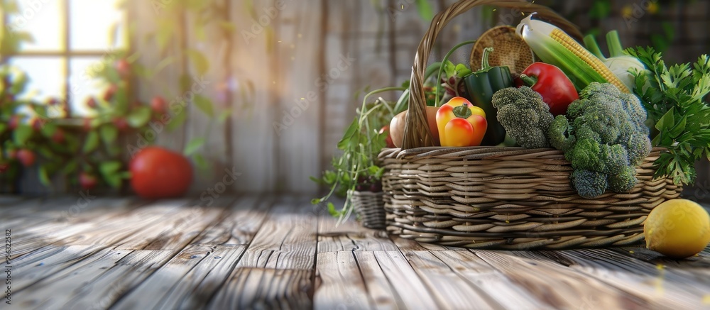 Aufkleber Wooden background with a variety of fresh vegetables displayed in a basket creating a rustic copy space image