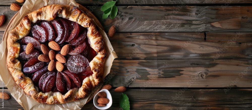 Poster wooden background with baking paper a tasty plum galette and a dish of almonds offering a visually a