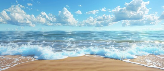 A scenic vista showcasing where the ocean meets the sky with calm waves caressing the sandy shore in the foreground set against a copy space image