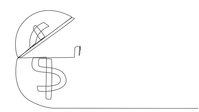 Self drawing animation of single one line drawing Arabian businessman pops out of a dollar symbol coin looking for something through binoculars. Save slowly for a calmer old age. Full length animated