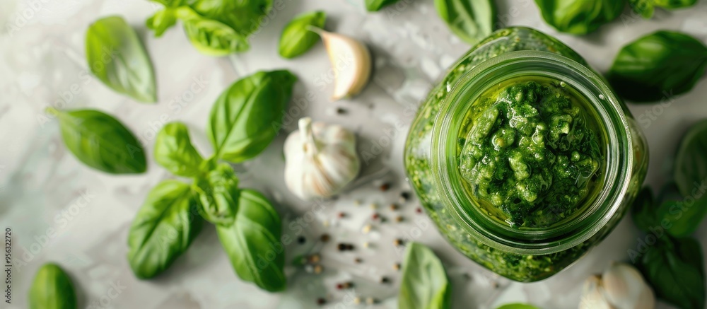 Poster fresh basil leaves and garlic are arranged around a glass jar of pesto sauce in a visually appealing