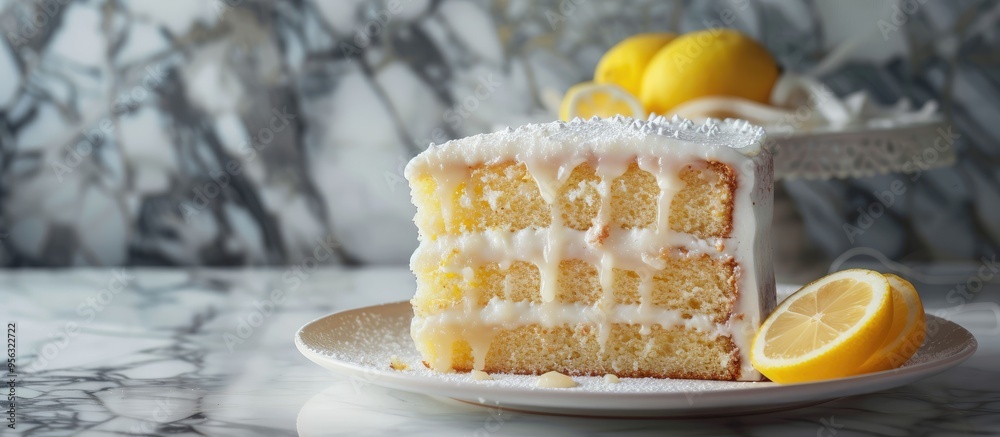 Poster a lemon cake with sugary icing is elegantly presented on a white plate against a textured stone back