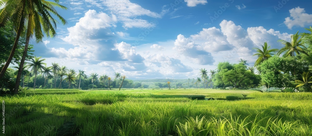 Poster Scenic view of a lush paddy field with coconut trees in the background set against a vibrant sky with white clouds ideal for a copy space image