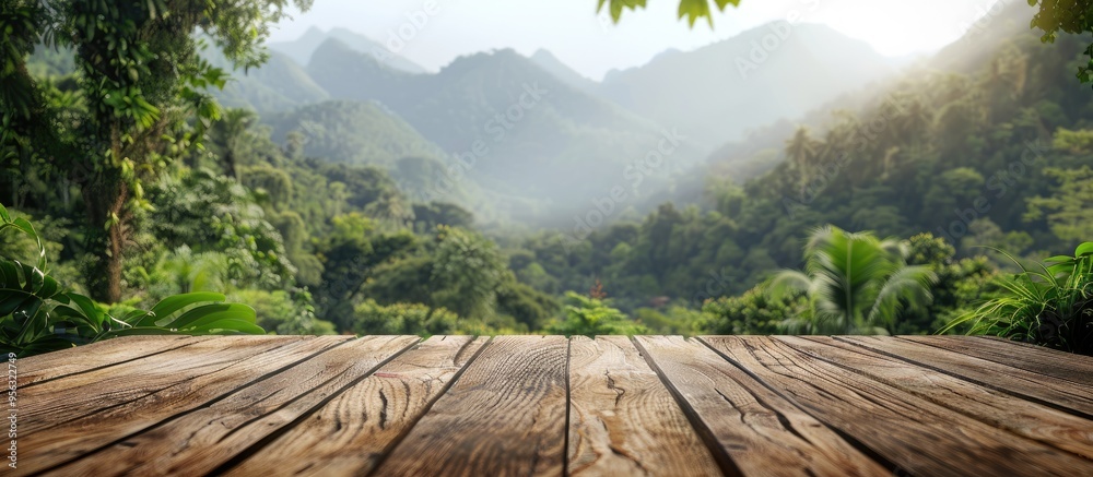 Aufkleber wooden table with a blurred backdrop of mountains and lush greenery providing a copy space image for