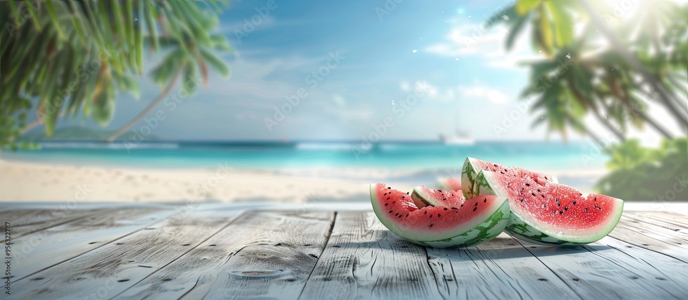Poster a wooden table displays watermelon slices with a blurred beach and palm tree background providing am