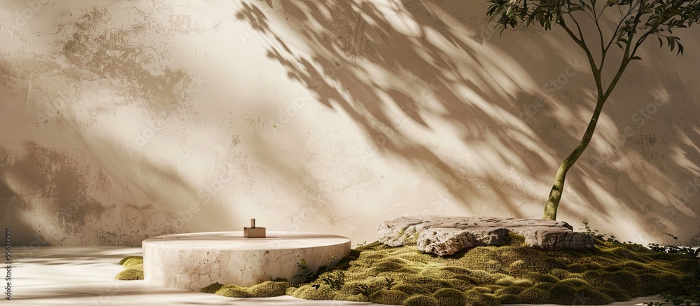 Fototapete Ideal for showcasing beauty products against a moss covered stone podium with a soft beige backdrop complemented by tree shadows offering ample space for text or images