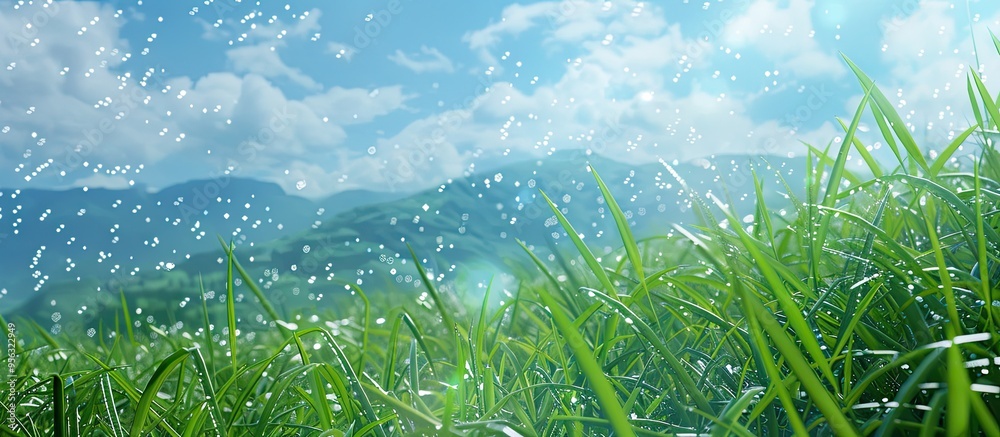 Poster mountain landscape with green grass background sparkling water droplets and a blue sky creating a se