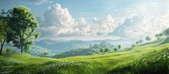 Scenic green landscape with a beautiful sky as the copy space image