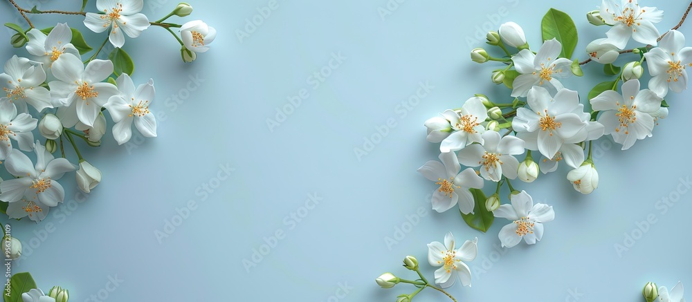 Aufkleber light blue background with lovely jasmine flowers ideal for text placement copy space image