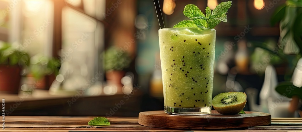 Aufkleber wooden background setting with board displaying a glass of freshly blended kiwi smoothie garnished w