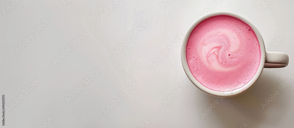 Aufkleber Top view of a pink matcha latte placed on a white surface with ample space for additional elements in the image
