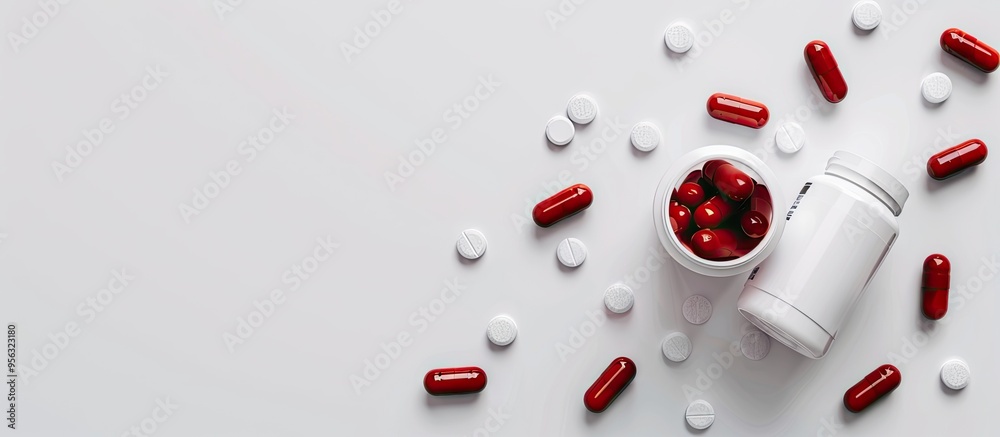 Poster white background featuring antibiotic pills and bottle from top view includes copy space image