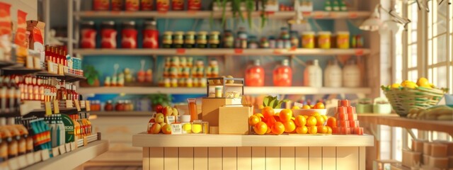 Fototapeta premium Cozy grocery store with fresh produce and packaged goods on display