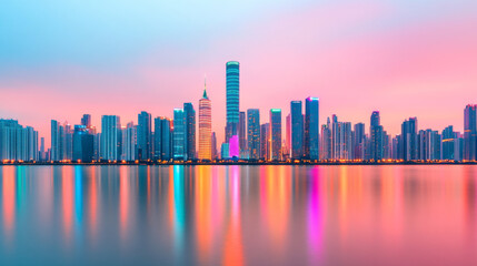 Obraz premium A modern city skyline with vibrant neon reflections on the water at dusk, showcasing the lively energy of urban life.