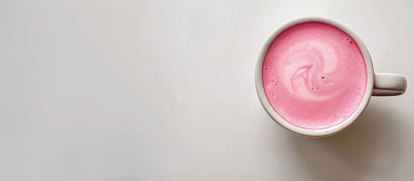 Top view of a pink matcha latte placed on a white surface with ample space for additional elements in the image