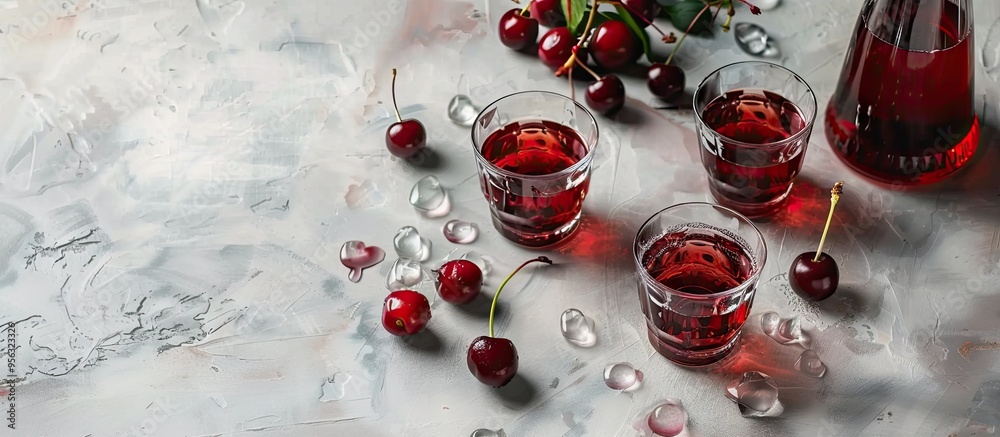 Poster cherry liqueur in glasses and a bottle with fresh berries on a light grey table ready for a caption 