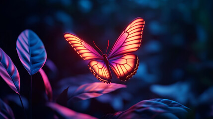A single neon butterfly with glowing wings hovers among leaves in a dark, enchanted forest, creating a mesmerizing visual contrast.