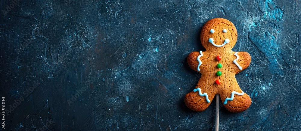 Aufkleber Gingerbread man Christmas cookie on a stick with colorful frosting against a dark background Top down view with a blank space for an image. Creative banner. Copyspace image