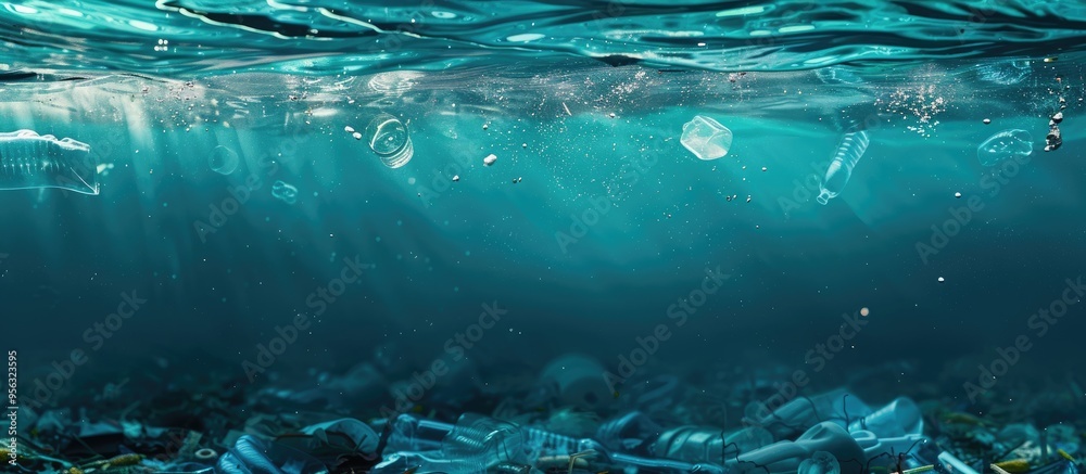 Poster plastic waste pollutant submerged underwater against a backdrop of the blue sea creating an environm