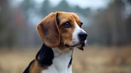  A beagle dog with a focused expression against a blurred natural background