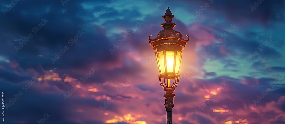 Poster copy space image of a charming vintage street lamp illuminated in the evening against the backdrop o