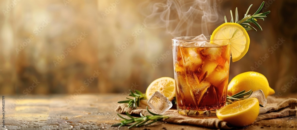Poster fresh and refreshing iced tea or cocktail adorned with ice rosemary sprigs and lemon slices resting 