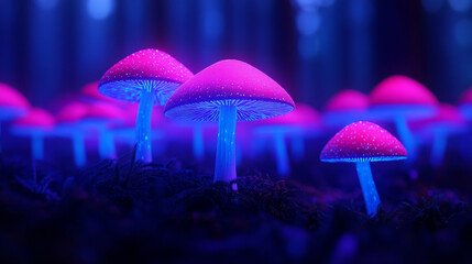 Fototapeta premium Neon pink mushrooms glow brightly in a dark forest, creating a surreal, almost otherworldly scene with their vibrant colors.