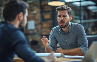 Portrait of an angry middle-aged businessman arguing with a young employee while sitting at a desk in the office.