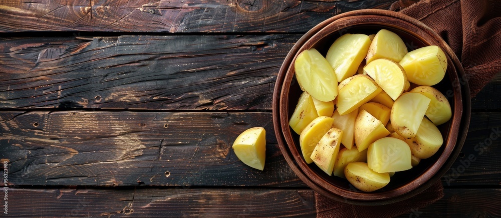 Poster Top view of freshly cut raw potatoes in a bowl on a wooden table with copy space image available