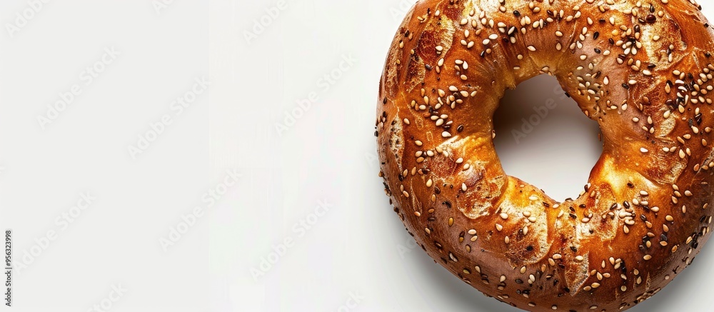 Poster A toasted bagel with seeds set against a white background displays a textured surface and a crust with a golden brown hue in the copy space image
