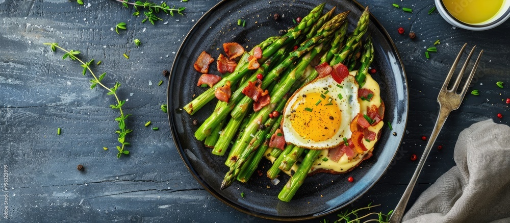 Poster Image of grilled asparagus served on a plate with bacon and egg sauce in a flat lay setup featuring ample copy space