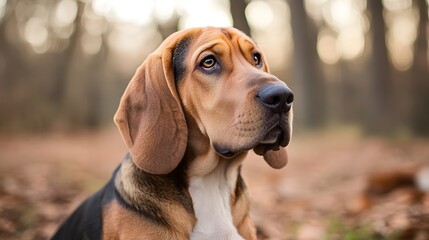  A brown hound dog with floppy ears looks attentively while sitting in a forest during autumn