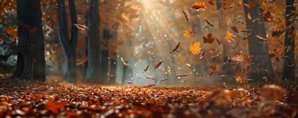 Obraz premium Autumn forest with leaves falling gently, 4K hyperrealistic photo