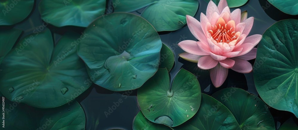 Poster top view of a pink lotus flower in bloom with green leaves providing background in a copy space imag