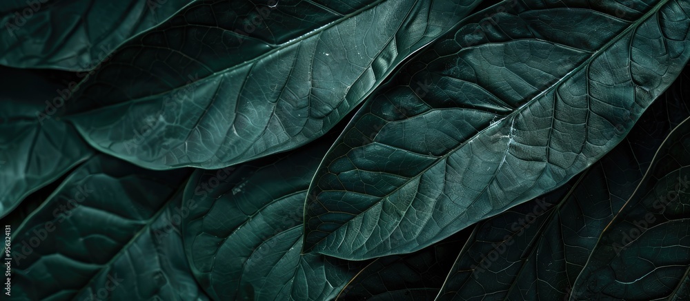 Poster Detailed close up of a dark green tropical leaf showcasing its intricate veins creating a stylized natural backdrop perfect for copy space image