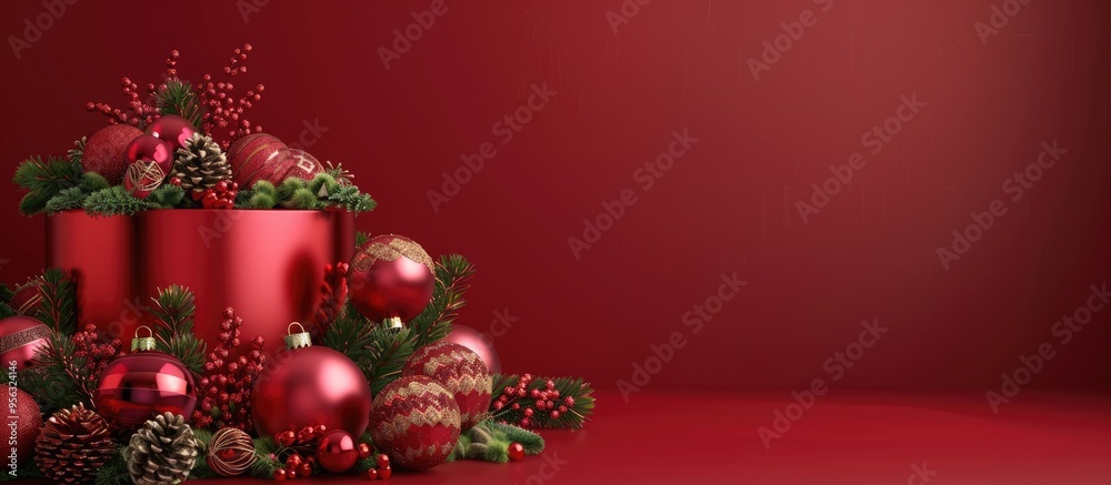 Poster red background adorned with festive christmas decorations including a podium for showcasing products