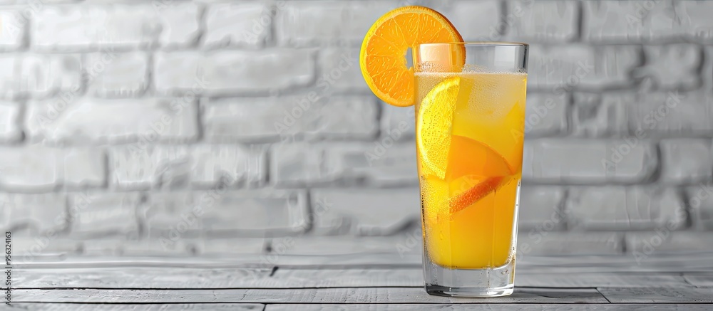 Poster glass of fresh orange juice with fruit slice on a table against a white brick wall background copy s
