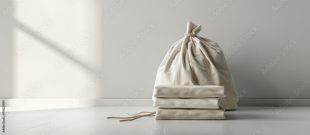 Aufkleber Arrangement of paper stack and cloth bag empty elements for showcasing your design on copy space image