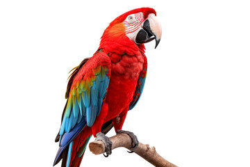 Obraz premium Scarlet macaw perched on branch against light background, suitable for nature or wildlife themed designs and projects