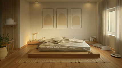an image of a minimalist bedroom with a platform bed and simple decor