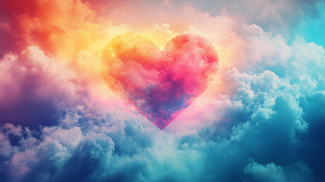 Piękne, kolorowe serce unosi się wśr&oacute;d chmur, tworząc abstrakcyjne tło idealne na Walentynki.