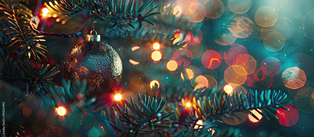Poster christmas themed close up decoration with ball and light bulb bokeh on a festive tree at night perfe