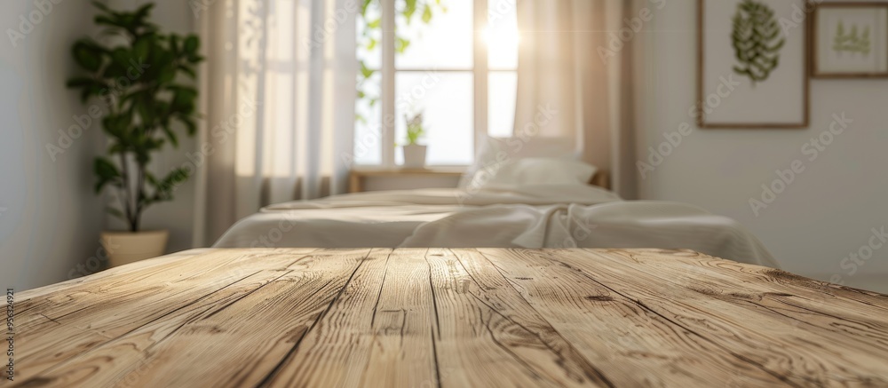 Leinwandbilder a wooden table stands empty with a blurred bedroom backdrop offering a space for displaying advertis