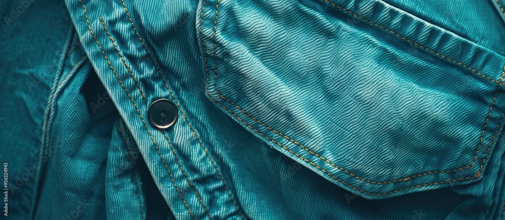 Poster close up of turquoise denim pants front and small pockets showcasing design details like button seam