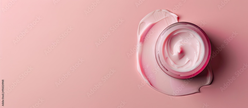 Poster top view of face cream sample on a pink background with copy space image available