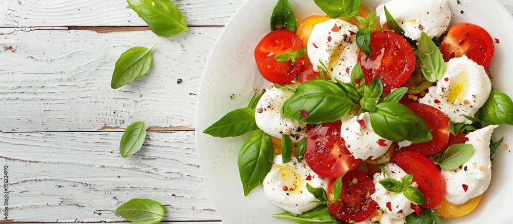 Aufkleber close up of a tasty burrata salad on a white wooden surface with a blank area for text in the image.