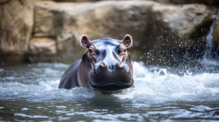 Fototapeta premium Curious Hippopotamus Emerging from the Peaceful Waters with Wet Skin and Rippling Reflections in a Serene Tropical Landscape