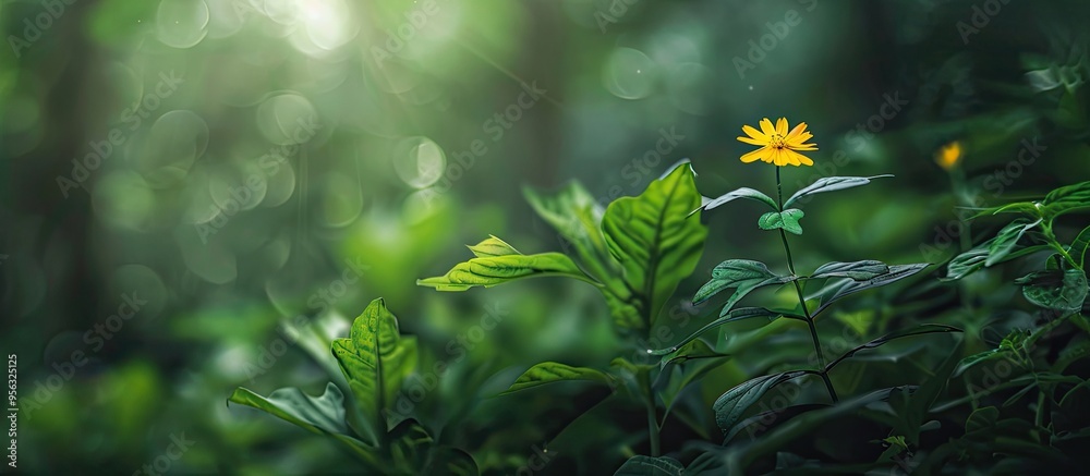 Poster greenery background with a small yellow wild flower perfect for copy space image